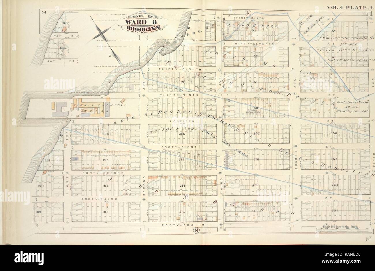Vol. 4. Plate, L. Map bound by Thirty-Sixth, Fifth Ave., Forty-Fourth St., Gowanus Bay, Including Third St., Forty- reimagined Stock Photo