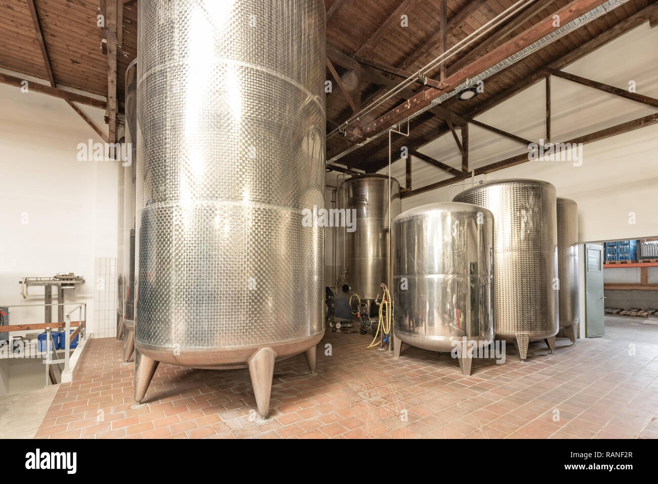 Large steel tanks for storing liquids. Juice, beer Stock Photo