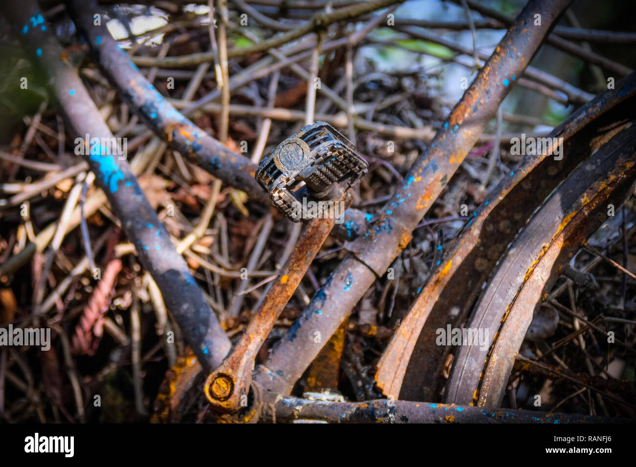 Rusty bikeparts,     focus on the pedal that´s long time not used Stock Photo
