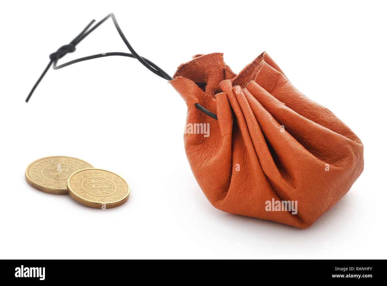 Leather coin pouch with Danish Krone Stock Photo