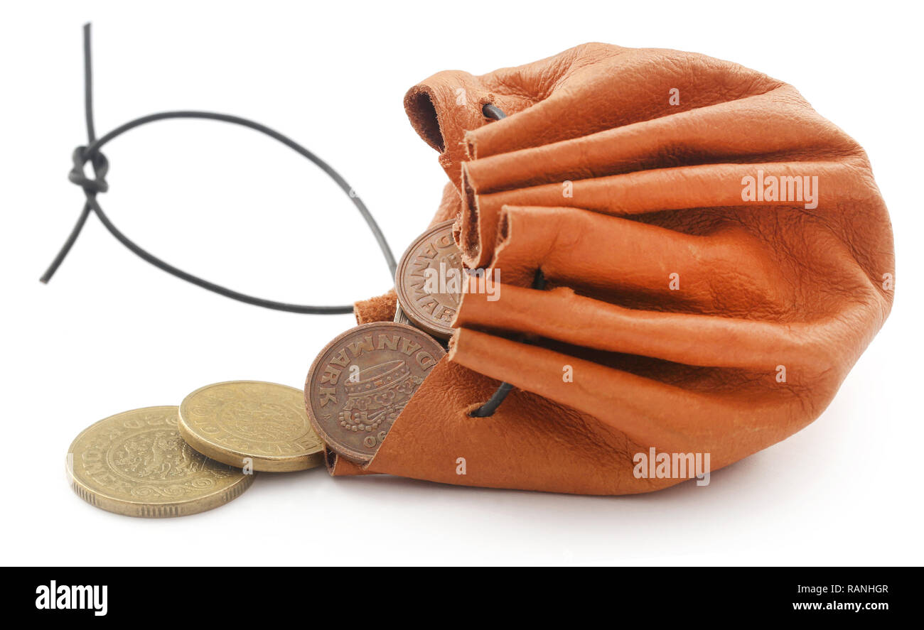 Leather coin pouch with Danish Krone Stock Photo