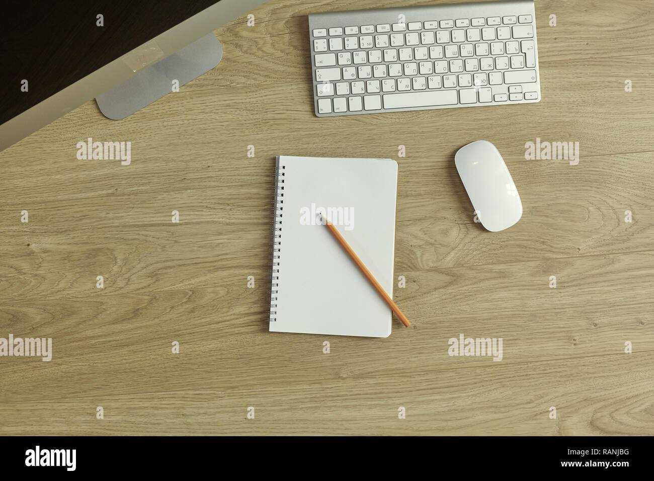 Workspace desktop, documents on the office table Stock Photo - Alamy