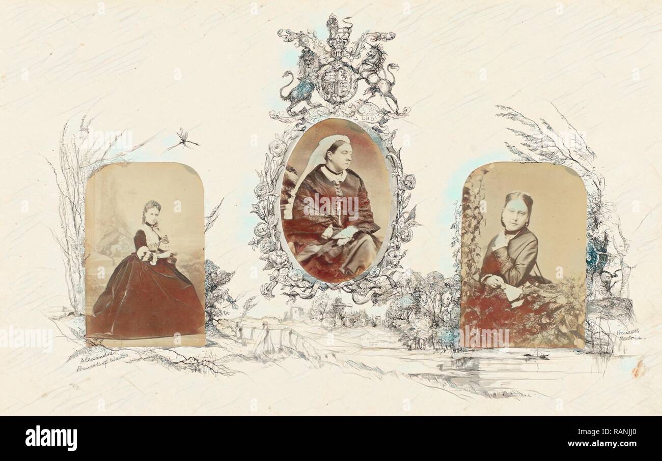 portrait of Queen Victoria, bordered by drawing of arms and English landscape, Anonymous. Reimagined Stock Photo