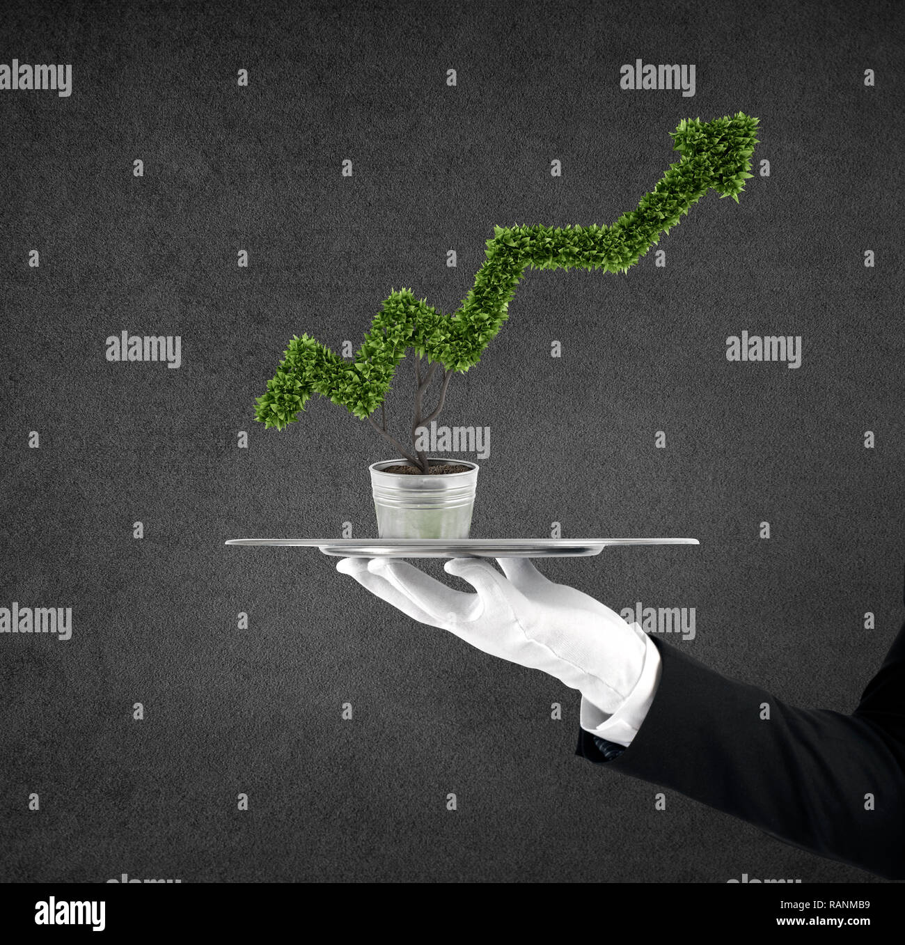 Waiter that holds a tray with a plant shaped as statistic arrow. Concept business success Stock Photo