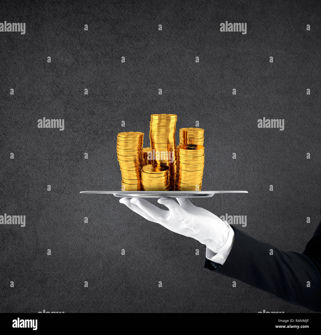 Waiter that holds a tray with golden coins. Concept of first class service on soccer Stock Photo