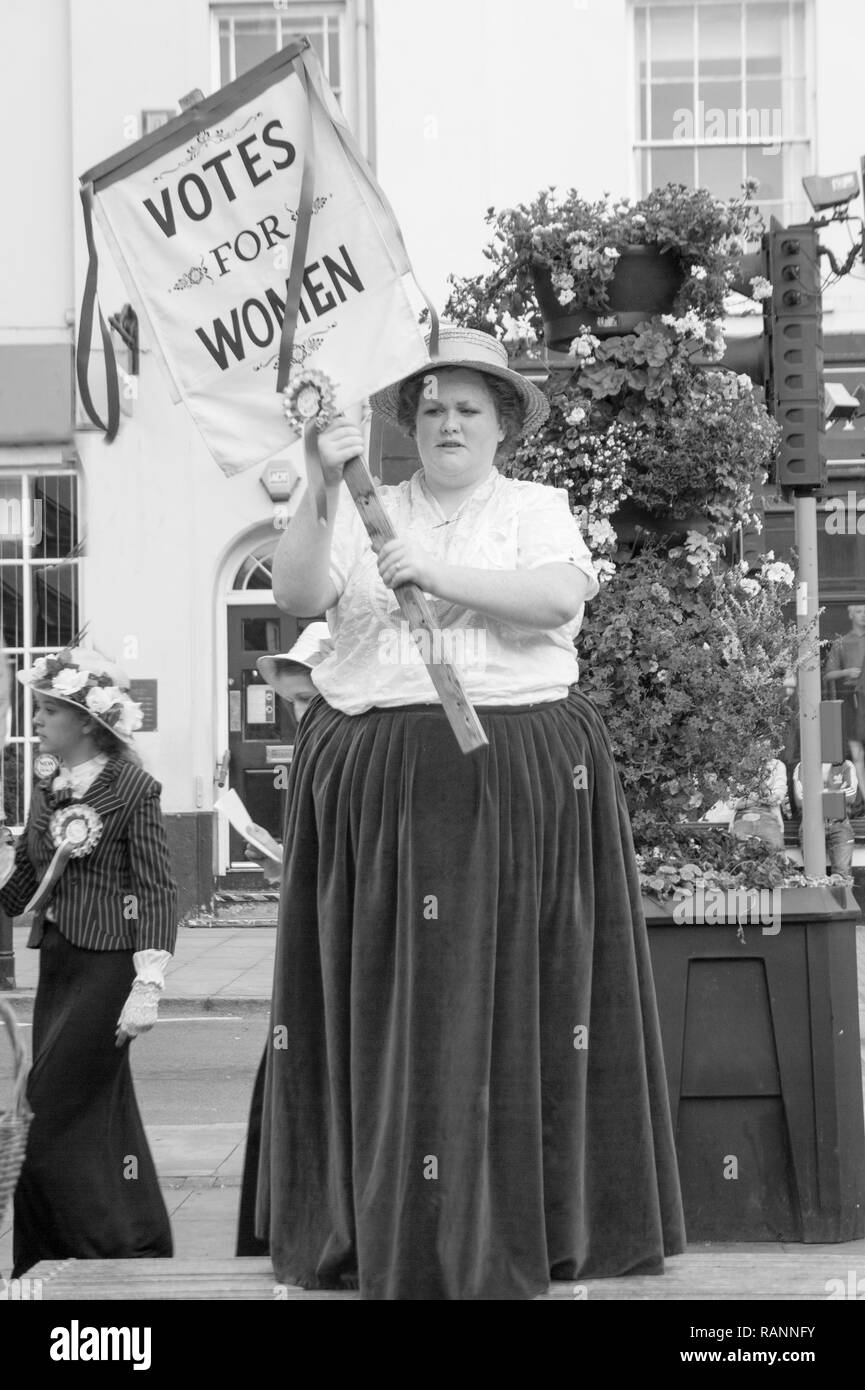 Street demonstration,Vote for women Suffragettes, town square Haverfordwest Wales UK. Re-inactment of early 20th century women's suffrage movement. Stock Photo
