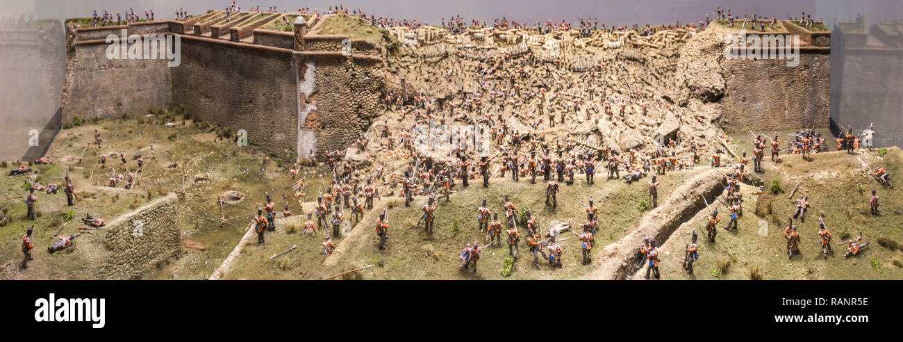 Trinidad bastion breach assault. Storming of Badajoz, Peninsular War, April 1812. Scene recreated by diorama display at Badajoz City Museum Stock Photo