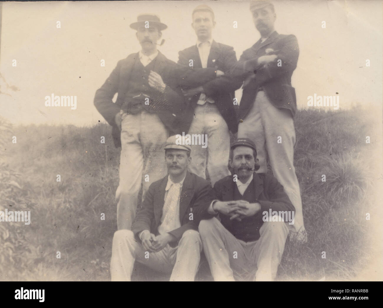 Victorian 1893 Photograph of Cricket Players From The Bohemians Cricket Club. Players Named as (back row) Chapman, G.J.Merrall & Lorns, (front row), Harmer & C.Higgens. Stock Photo
