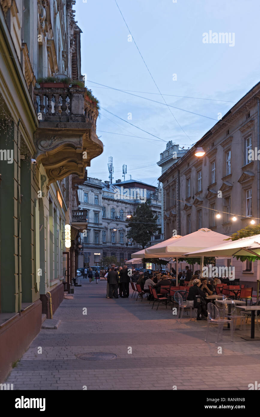 Street with passers-by in the old town of, Lviv, Ukraine Stock Photo