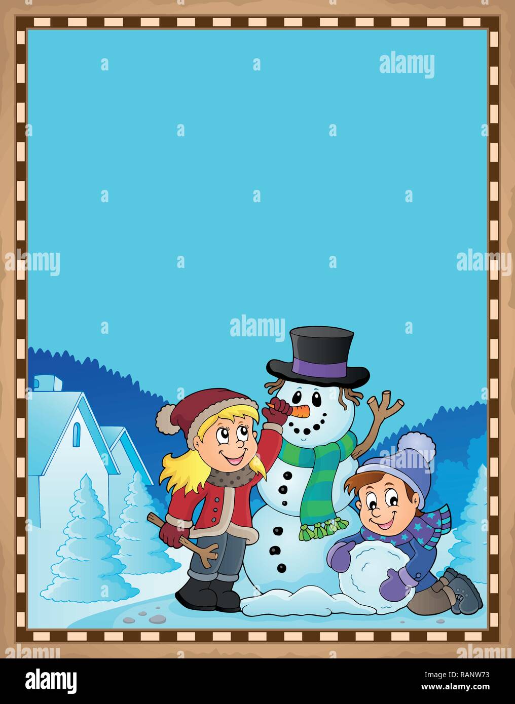 Kids building snowman theme parchment 1 - eps10 vector illustration ...