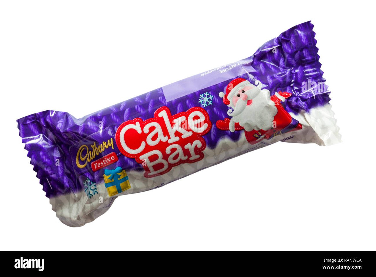 Cadbury festive cake bar isolated on white background - from Cadbury festive cake selection for Christmas Stock Photo