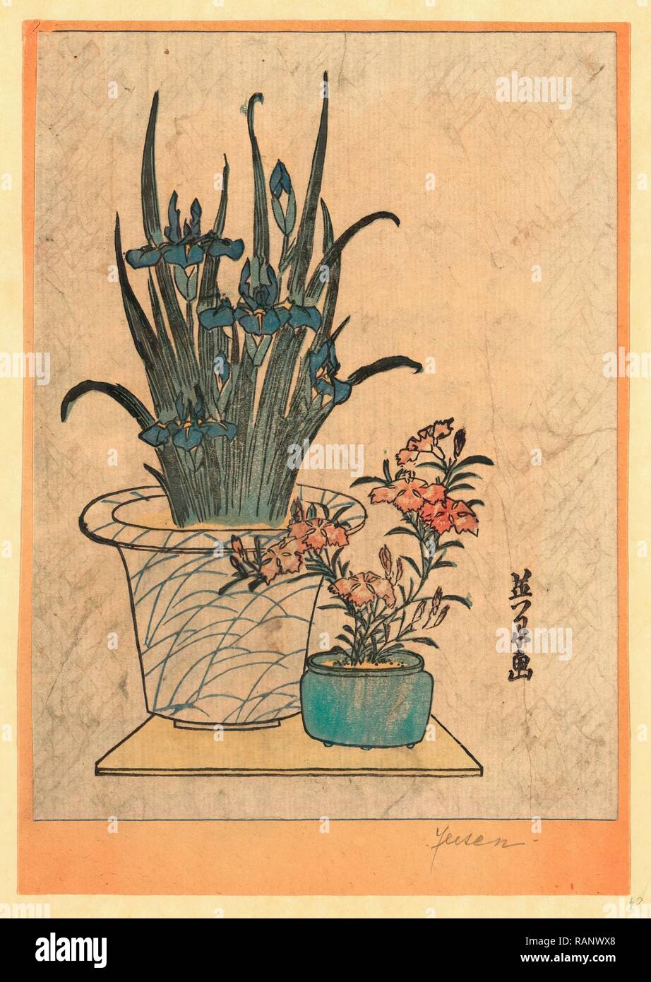 Hanashobu Ni Nadeshiko, Potted Irises and Pinks. [Between 1818 and 1844], 1 Print: Woodcut, Color, 21.9 X 16.2, Print reimagined Stock Photo
