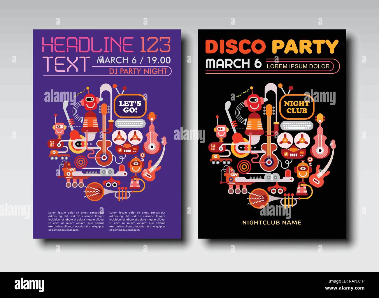Two options of Disco Party poster mock up, flyer design, size A4. Funny DJ robots playing musical instruments. Stock Vector