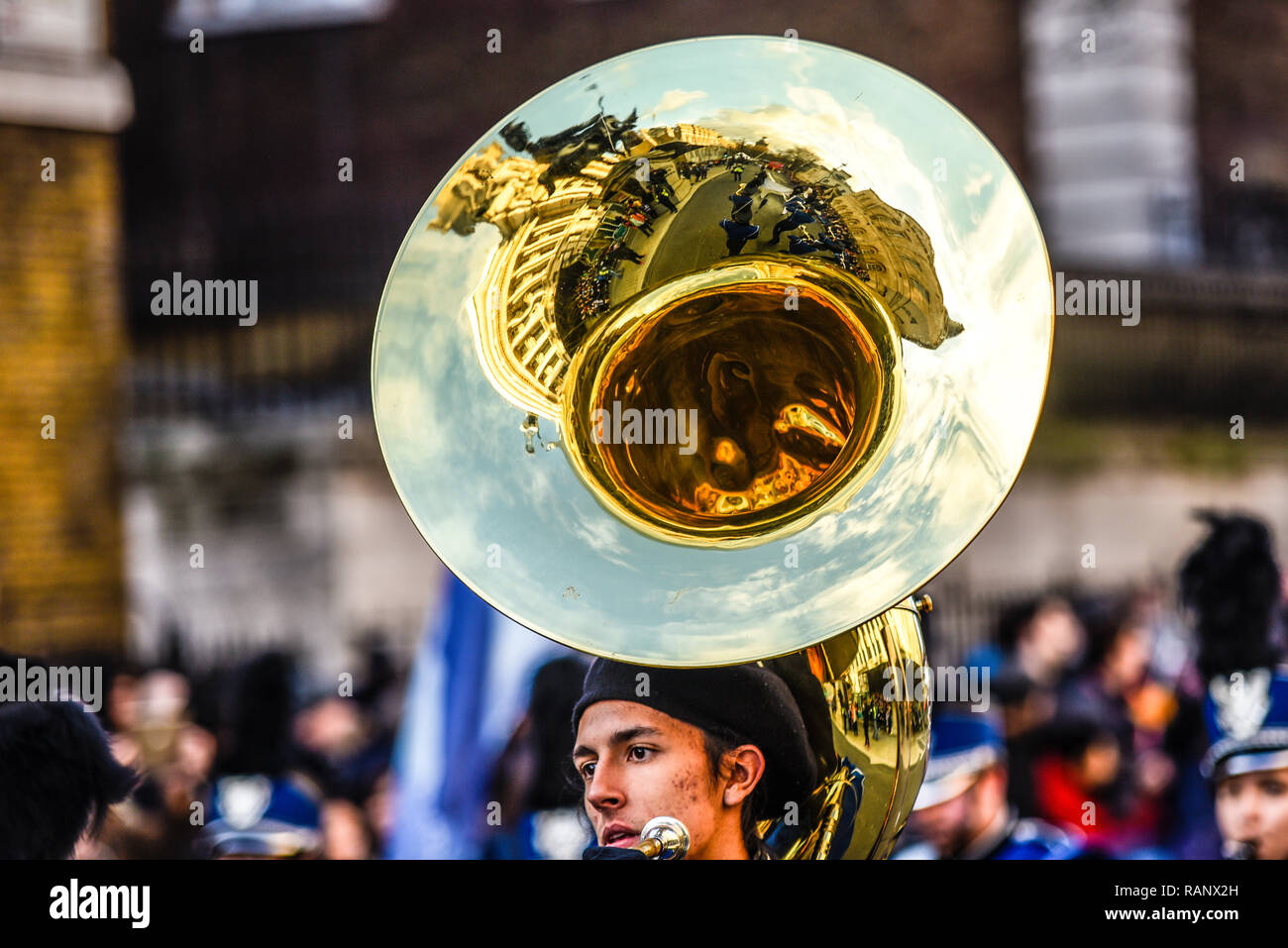 Redlands All Star Marching Band from California, USA, at London's New Year's Day Parade, UK. Brass instrument with reflections Stock Photo