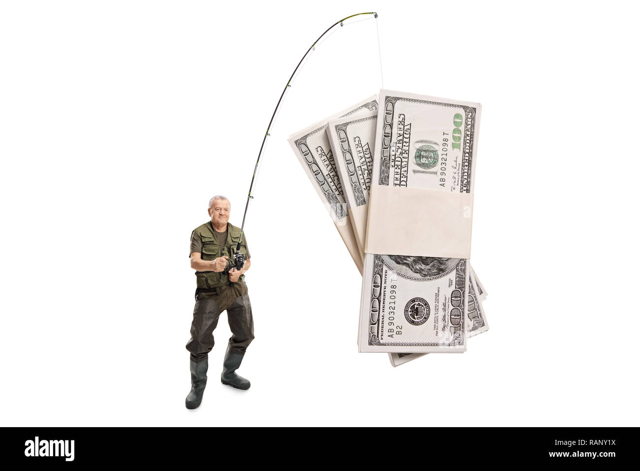 Full length shot of a mature fisherman catching money with a fishing rod  isolated on white background Stock Photo - Alamy