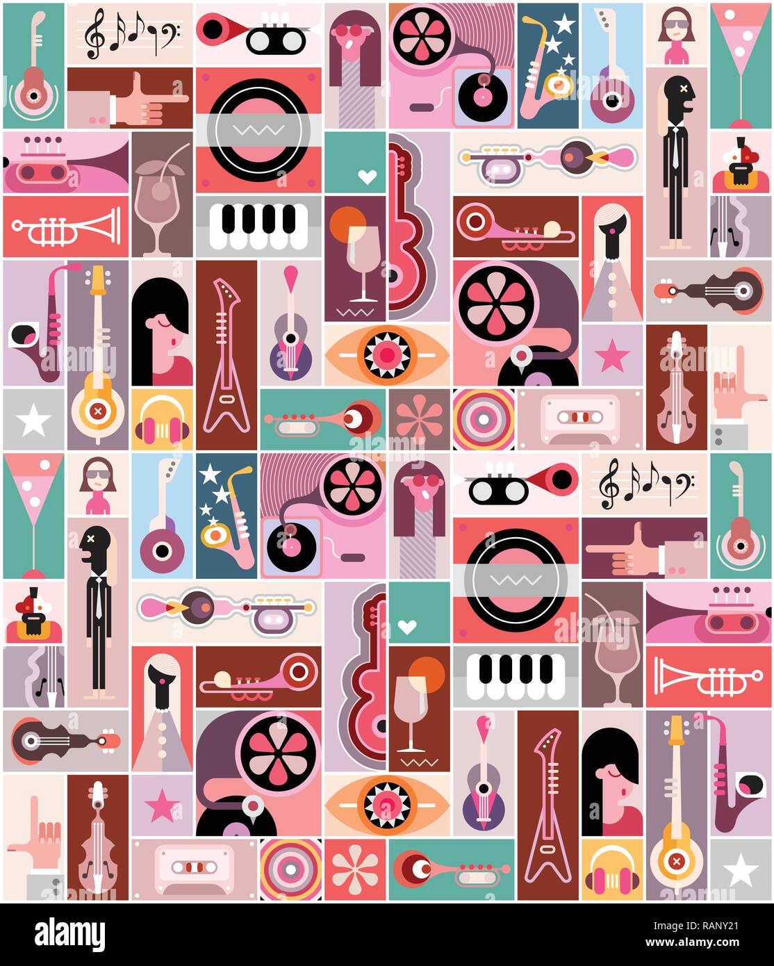 Music popart vector illustration. Musical poster design with many