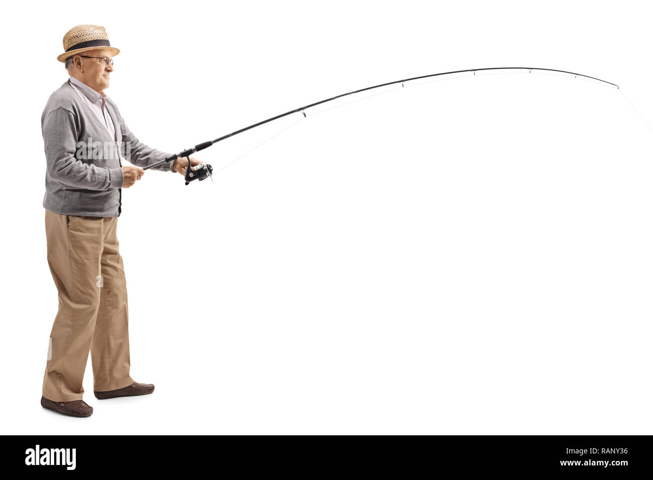 Full length shot of a mature man with a fishing rod isolated on white  background Stock Photo - Alamy