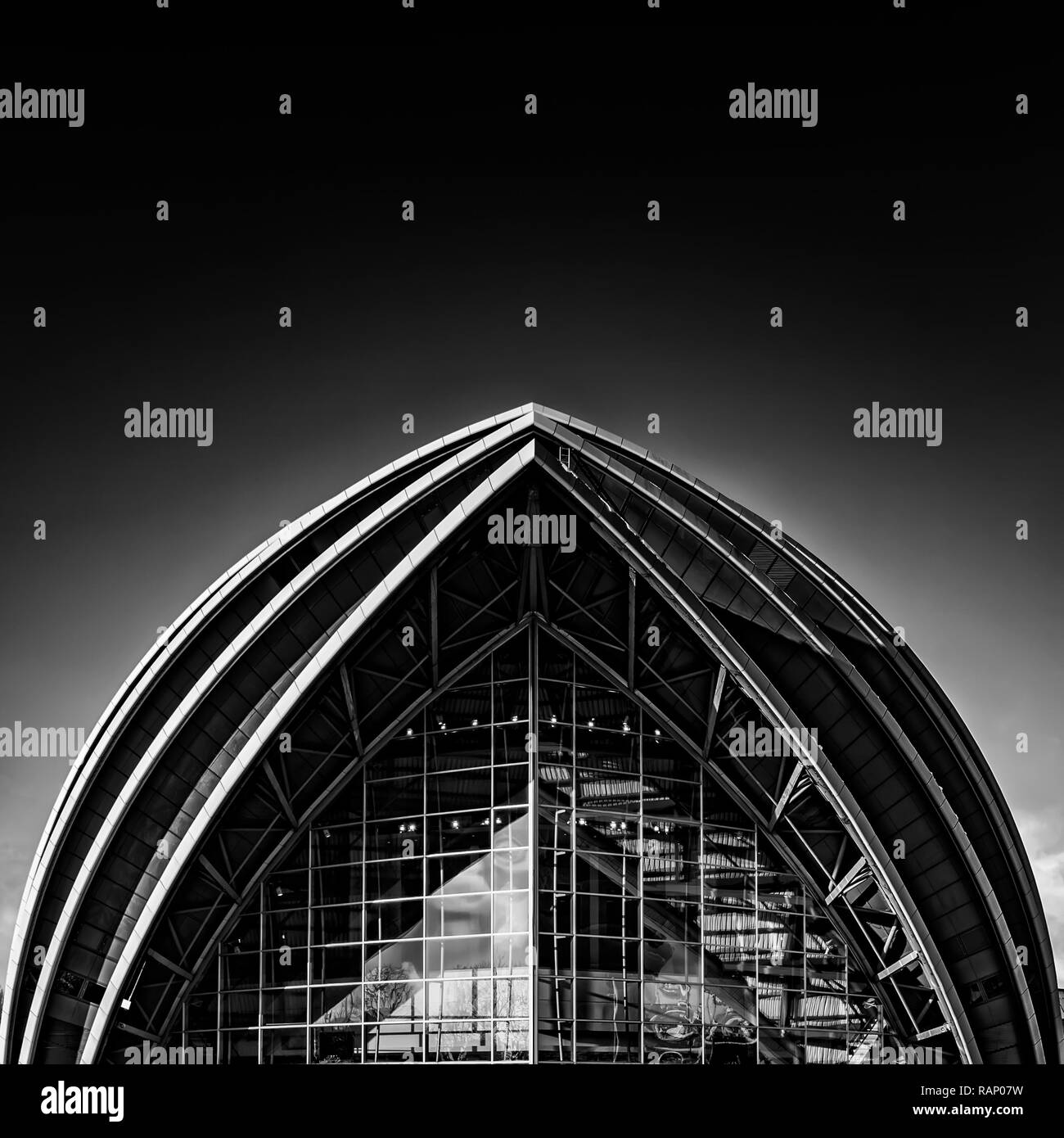 A fine art black and white edit of the armadillo auditorium in Glasgow near to the river clyde. Stock Photo