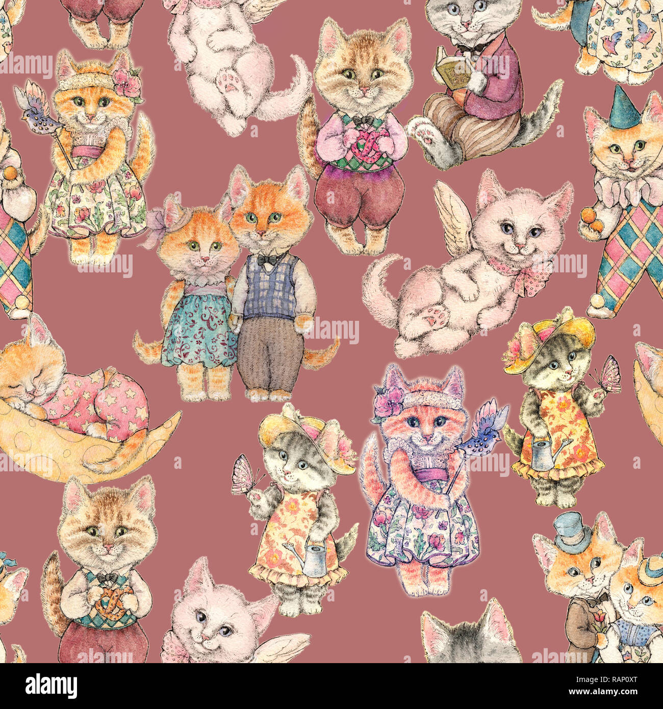 Design of the seamless pattern. Different Fairy-tale cat drawn by hand. Painted by watercolor Stock Photo