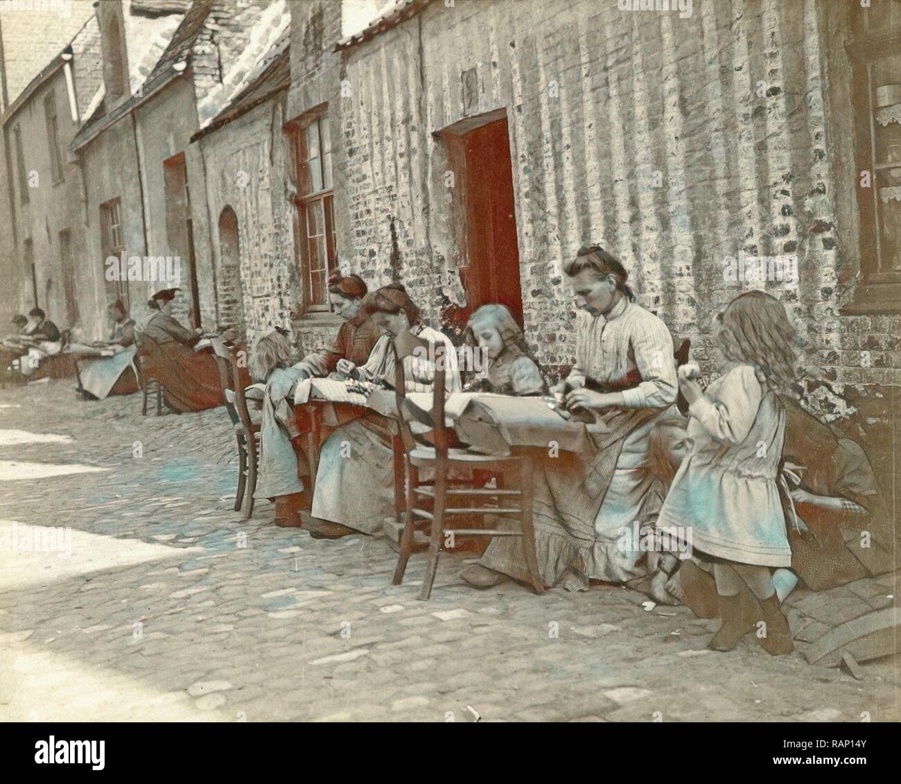Street and women lacemaking, Anonymous, c. 1900. Reimagined by Gibon. Classic art with a modern twist reimagined Stock Photo