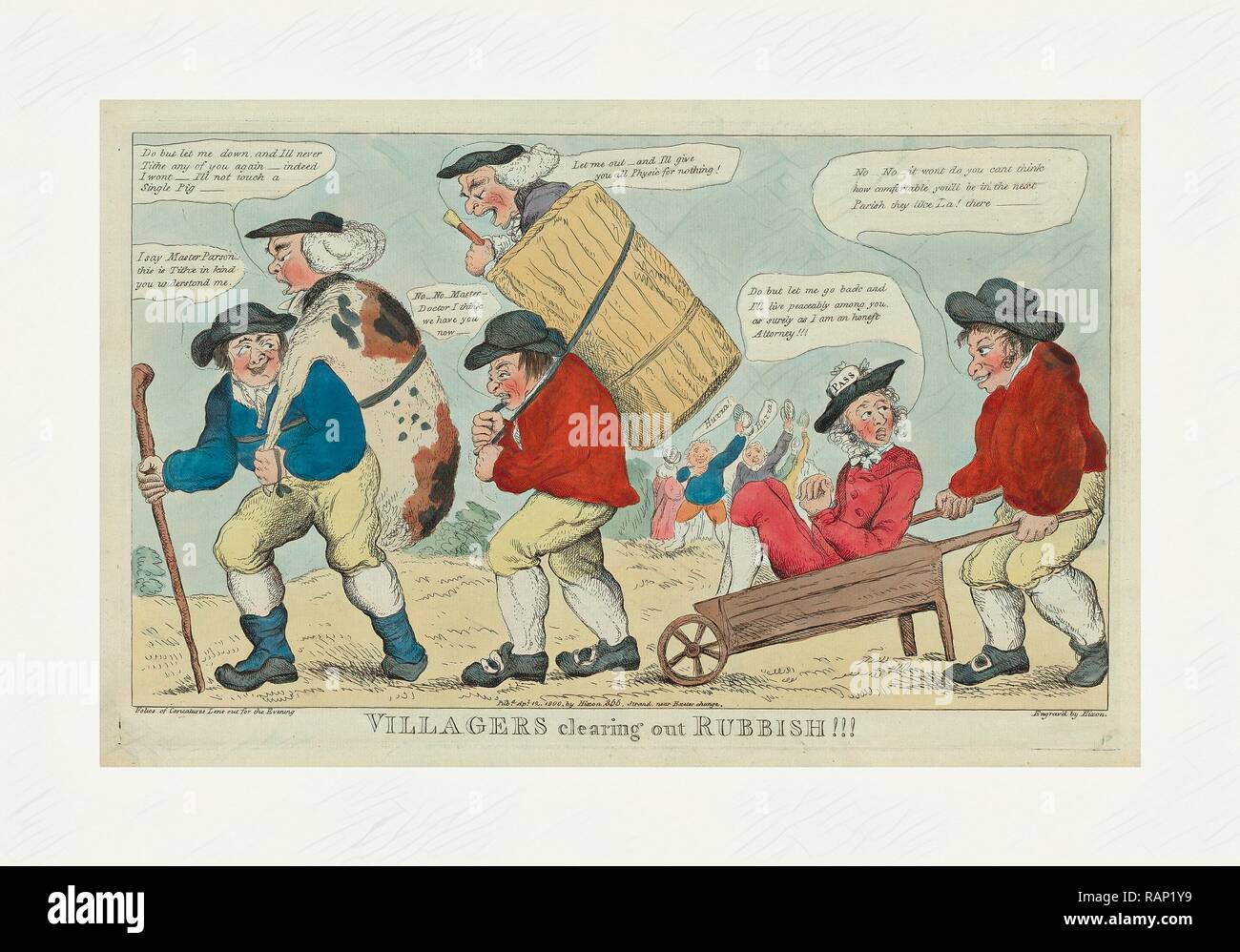 Villagers clearing out rubbish!!! engrav'd by Hixon, London, engraving 1800, three villagers transporting a parson, a reimagined Stock Photo
