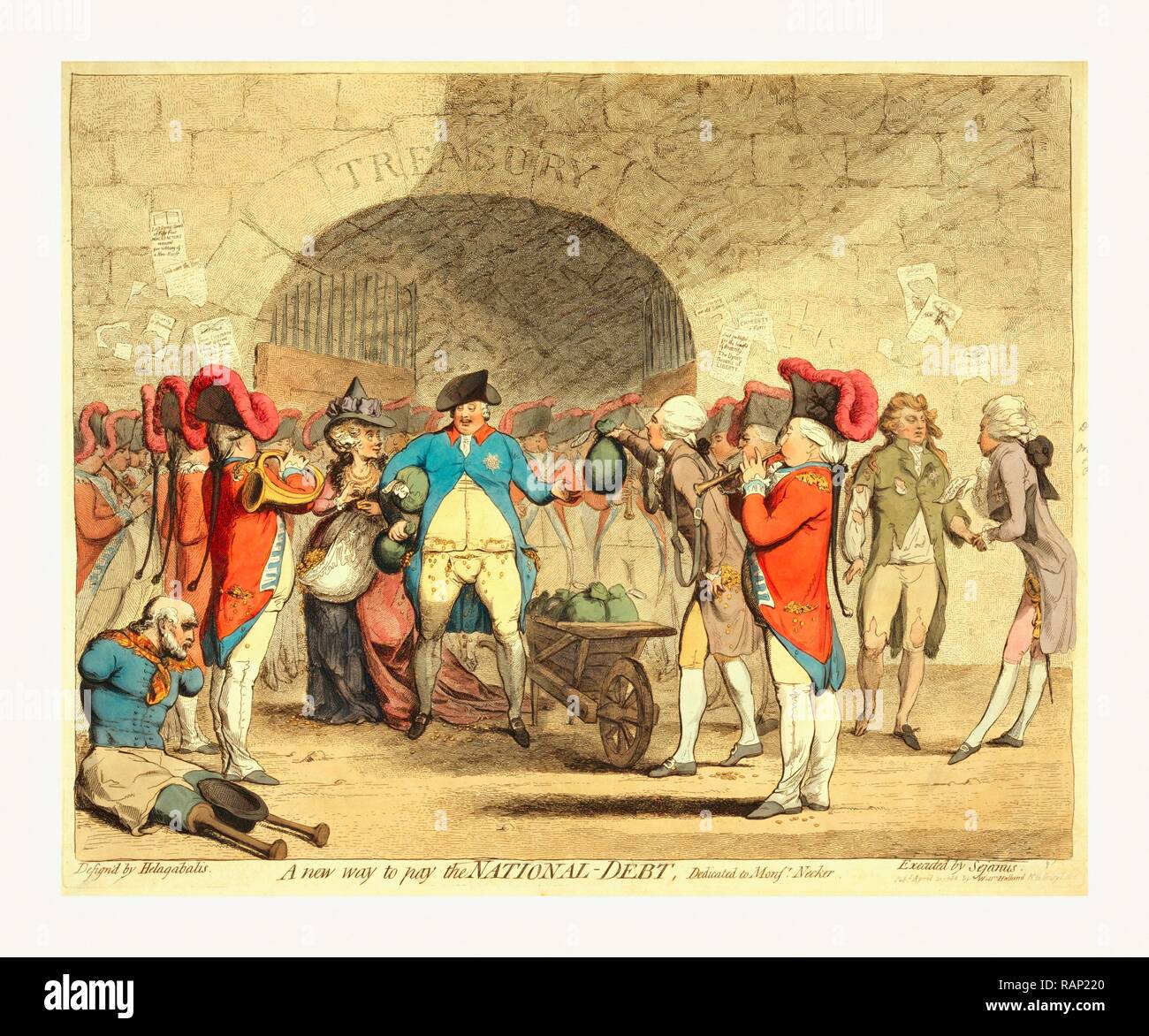 A new way to pay the national-debt, Cartoon shows King George III and Queen Charlotte standing before the Treasury reimagined Stock Photo
