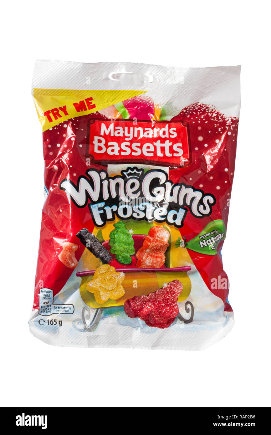 Packet of Maynards Bassetts Wine Gums Frosted sweets isolated on white background - fruit flavour gums with a sugar coating Stock Photo