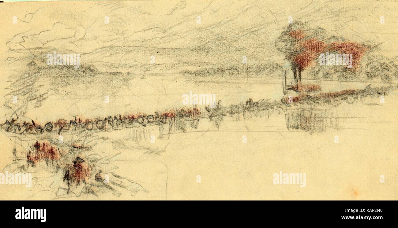 Cavalry riding across a pontoon bridge, 1860-1865, drawing, 1862-1865 ...