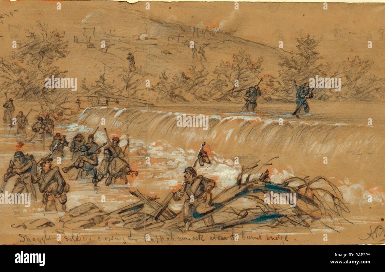 Straggling soldiers crossing the Rappahannock above the burnt bridge, 1863 October, drawing on tan paper pencil and reimagined Stock Photo
