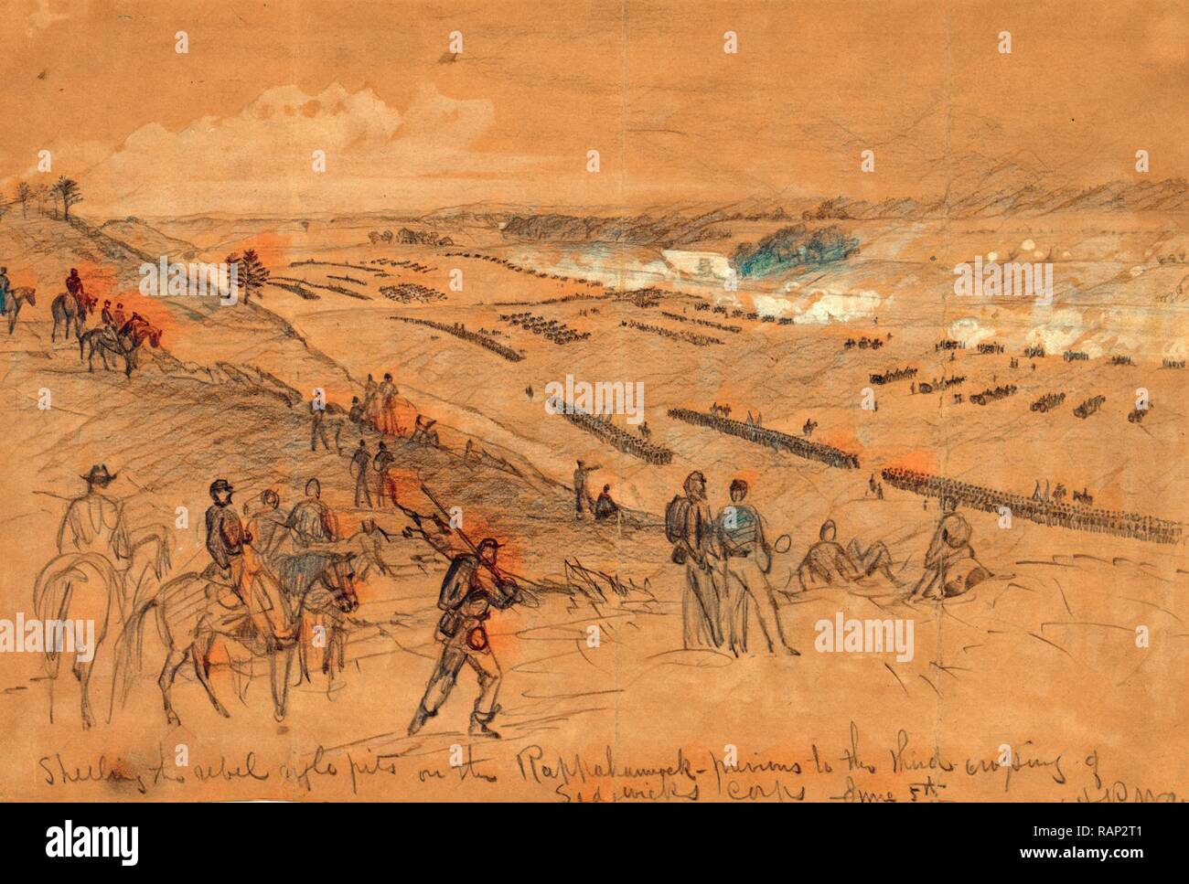 Shelling the rebel rifle pits on the Rappahannock, previous to the third crossing of Sedgwicks corps June 5th, 1863 reimagined Stock Photo