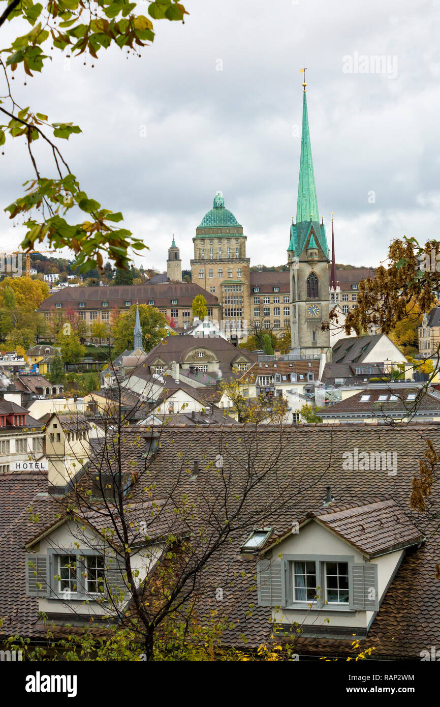 ZURICH, SWITZERLAND - OCT 130th, 2018: Classic beautiful and colorful swiss cityscape or landscape at rainy autumn day Stock Photo