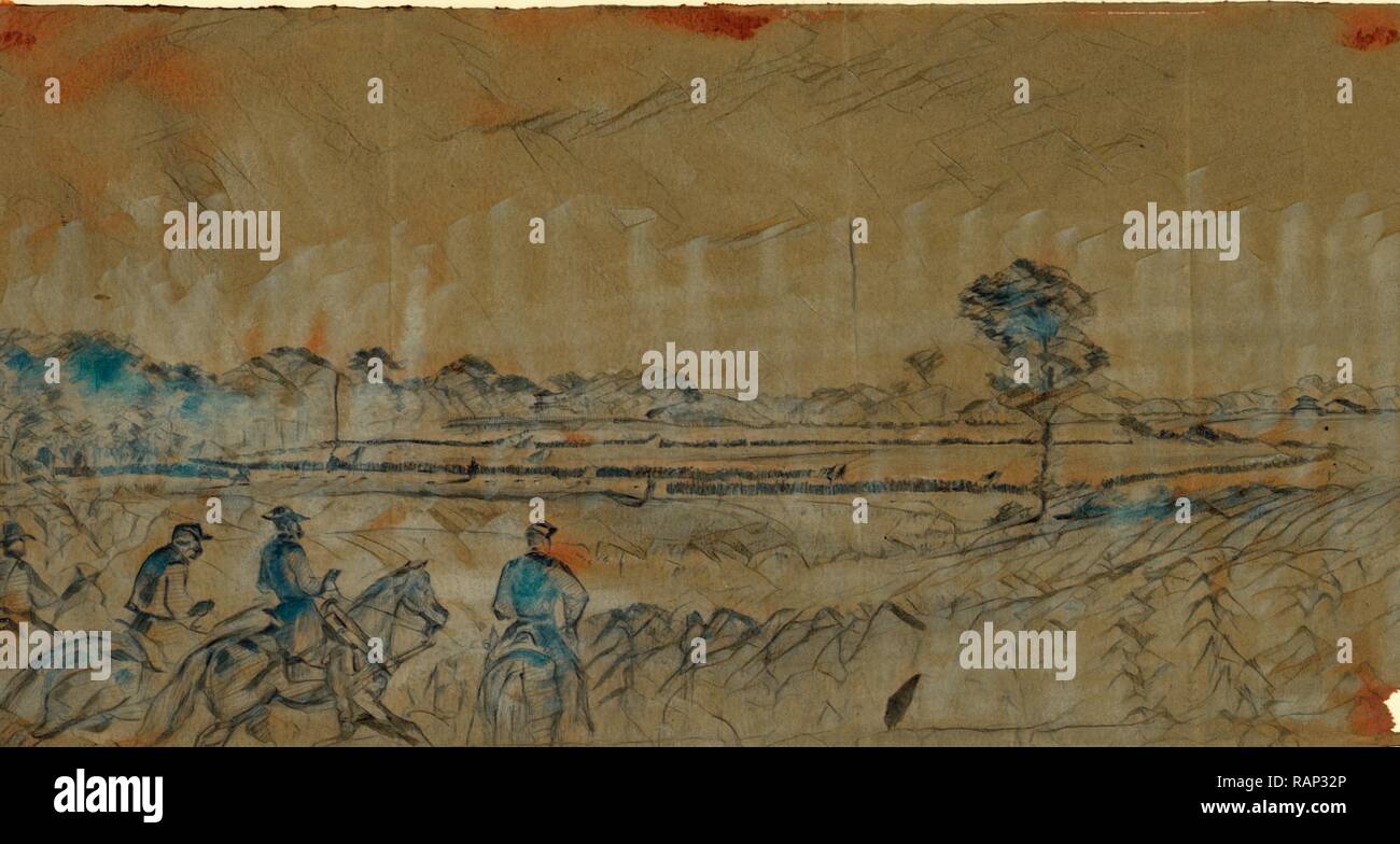 Officers on horseback watching infantry drills in distance, drawing ...