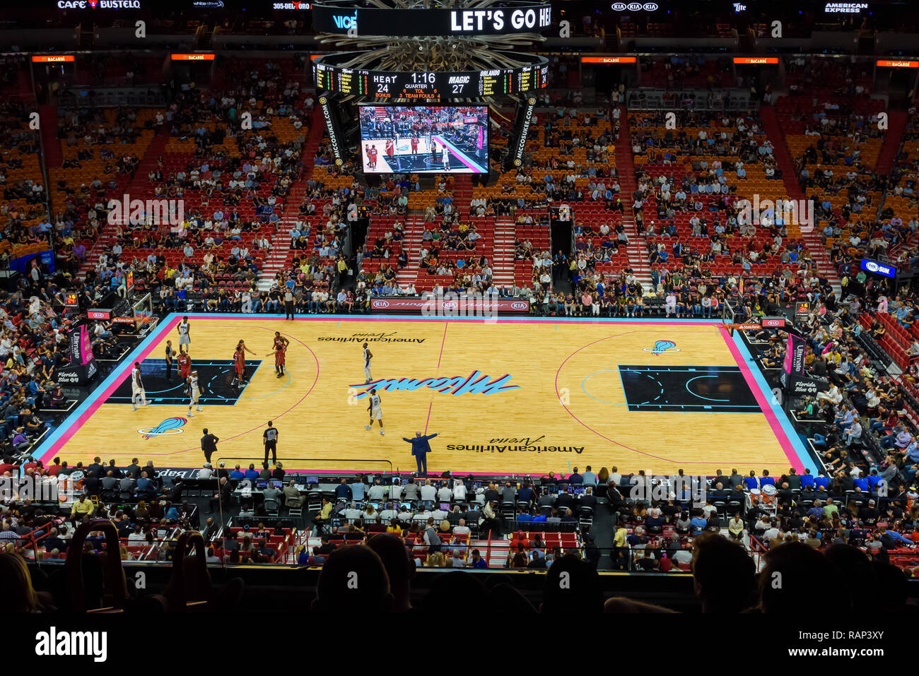 Miami, Florida - December 2018. Crowds of supporters fill the American Airlines Arena during an NBA match between Miami Heat and Orlando Magic. Stock Photo