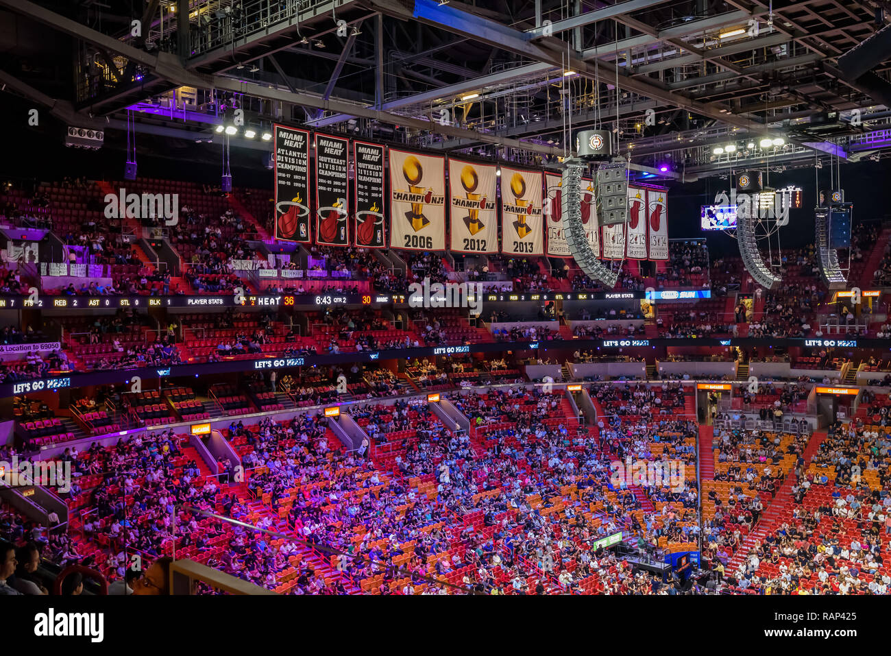 Miami, Florida - December 2018. Crowds of supporters fill the American Airlines Arena during an NBA match between Miami Heat and Orlando Magic. Stock Photo