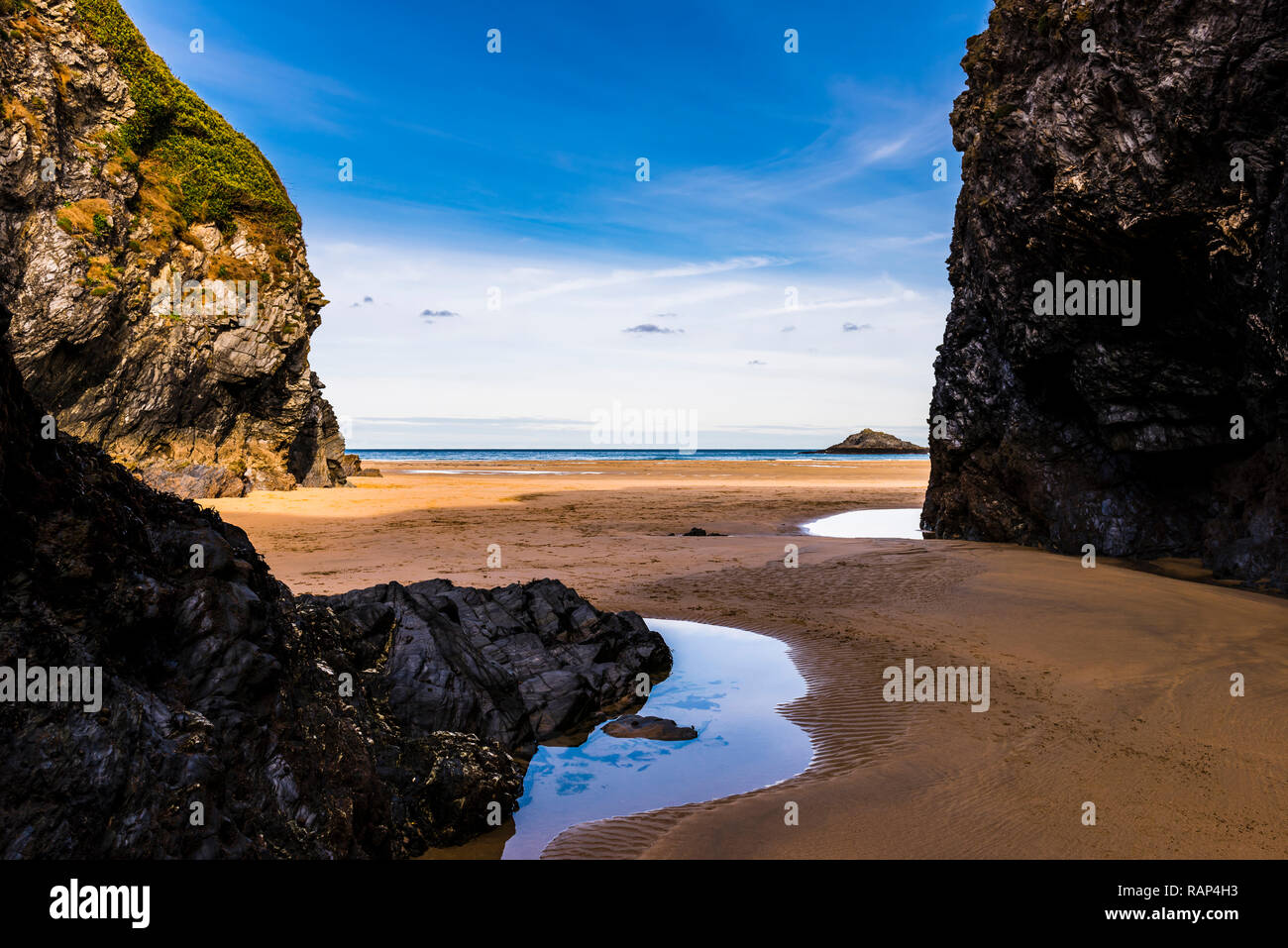View from a rocky cove on Crantock Beach, Newquay, Cornwall, UK Stock Photo