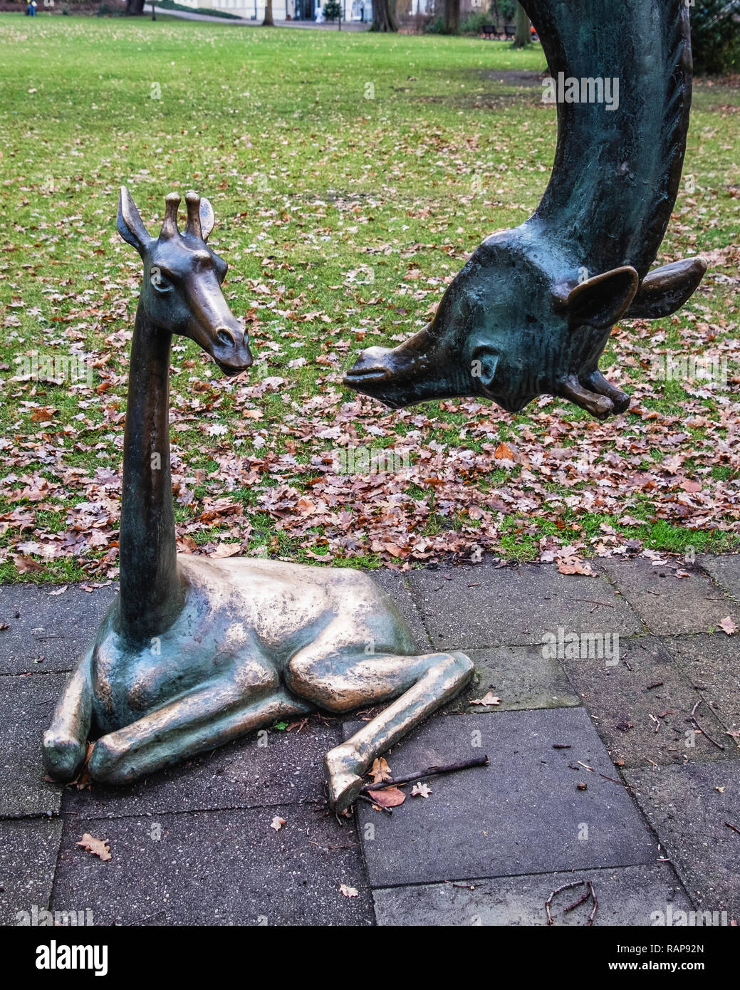 Berlin-Köpenick Sculpture of two giraffes by sculptor Hans-Detlev Hennig  in Schloss Palace park on an island in the Dahme river. Stock Photo