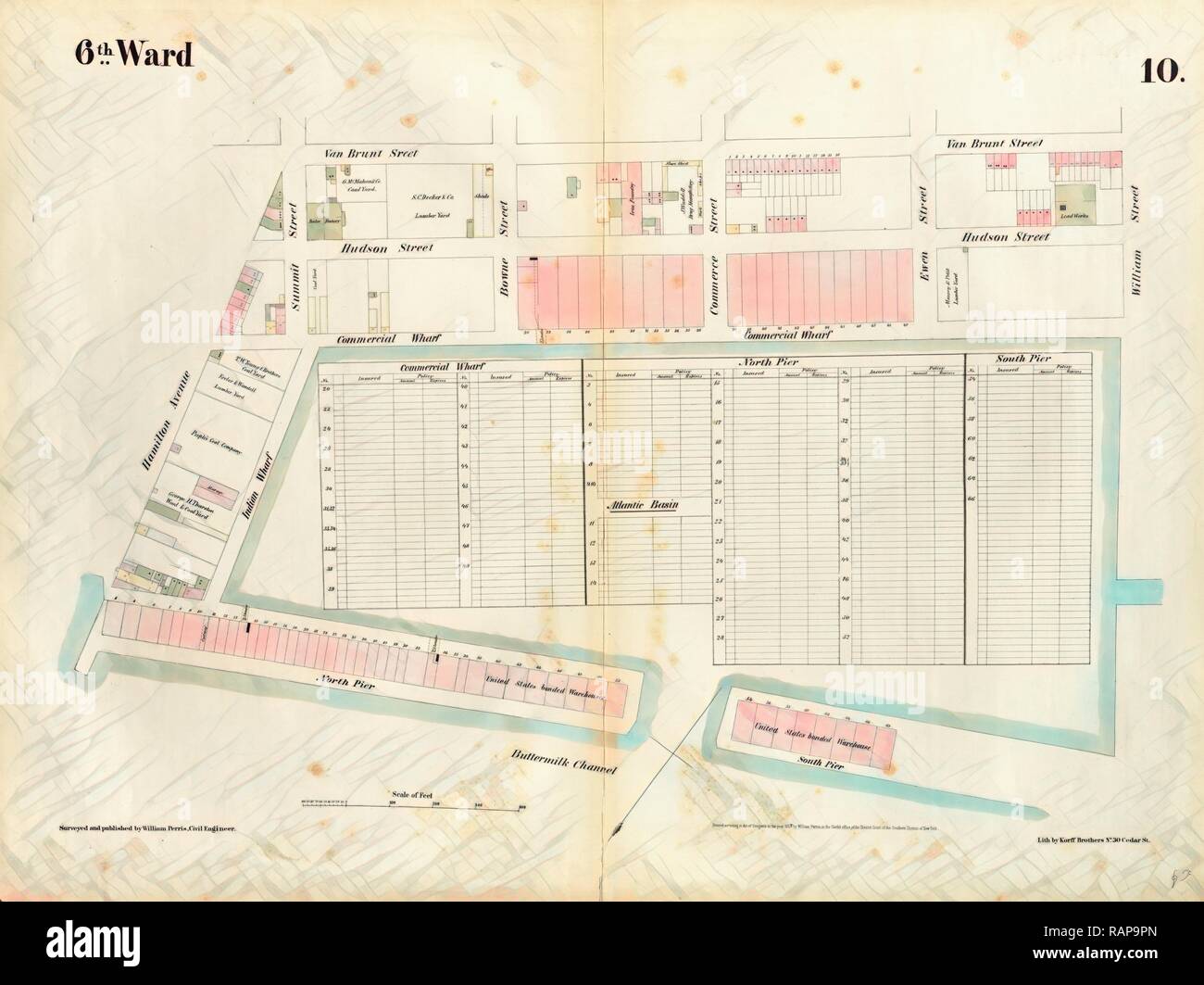 Plate 10: Map bounded by Hamilton Avenue, Van Brunt Street, Clinton Wharf, Buttermilk Channel. 1855, William Perris reimagined Stock Photo