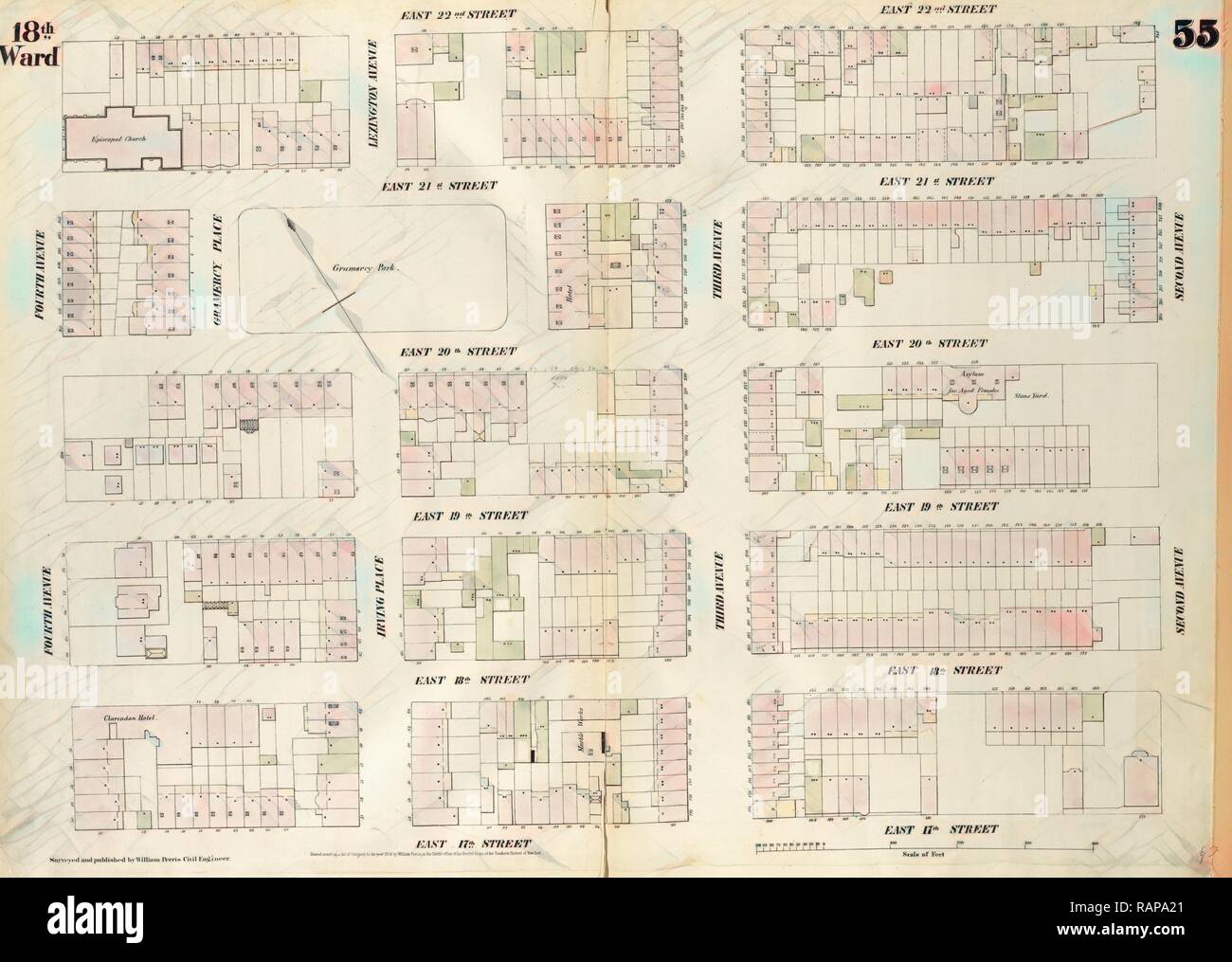 Plate 55: Map bounded by East 22nd Street, Second Avenue, East 17th Street, Fourth Avenue. 1852, 1854, William Perris reimagined Stock Photo