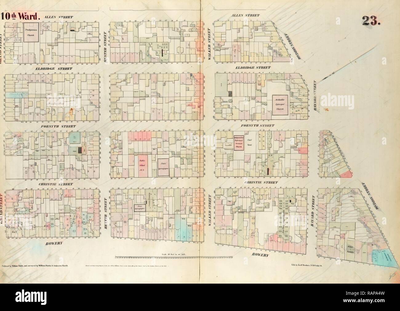 Plate 23: Map bounded by Bowery, Grand Street, Allen Street, Division Street. 1852, 1854, William Perris, New York, N reimagined Stock Photo