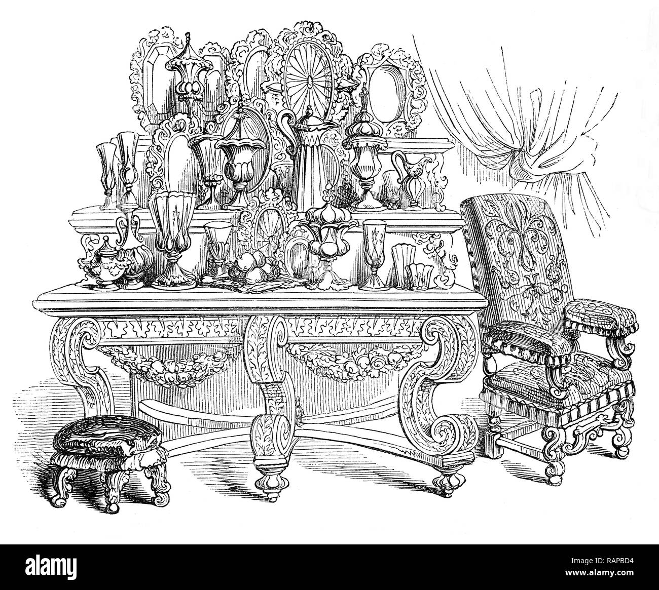 16th Century Furniture: A sideboard displaying plate and vases etc... Stock Photo