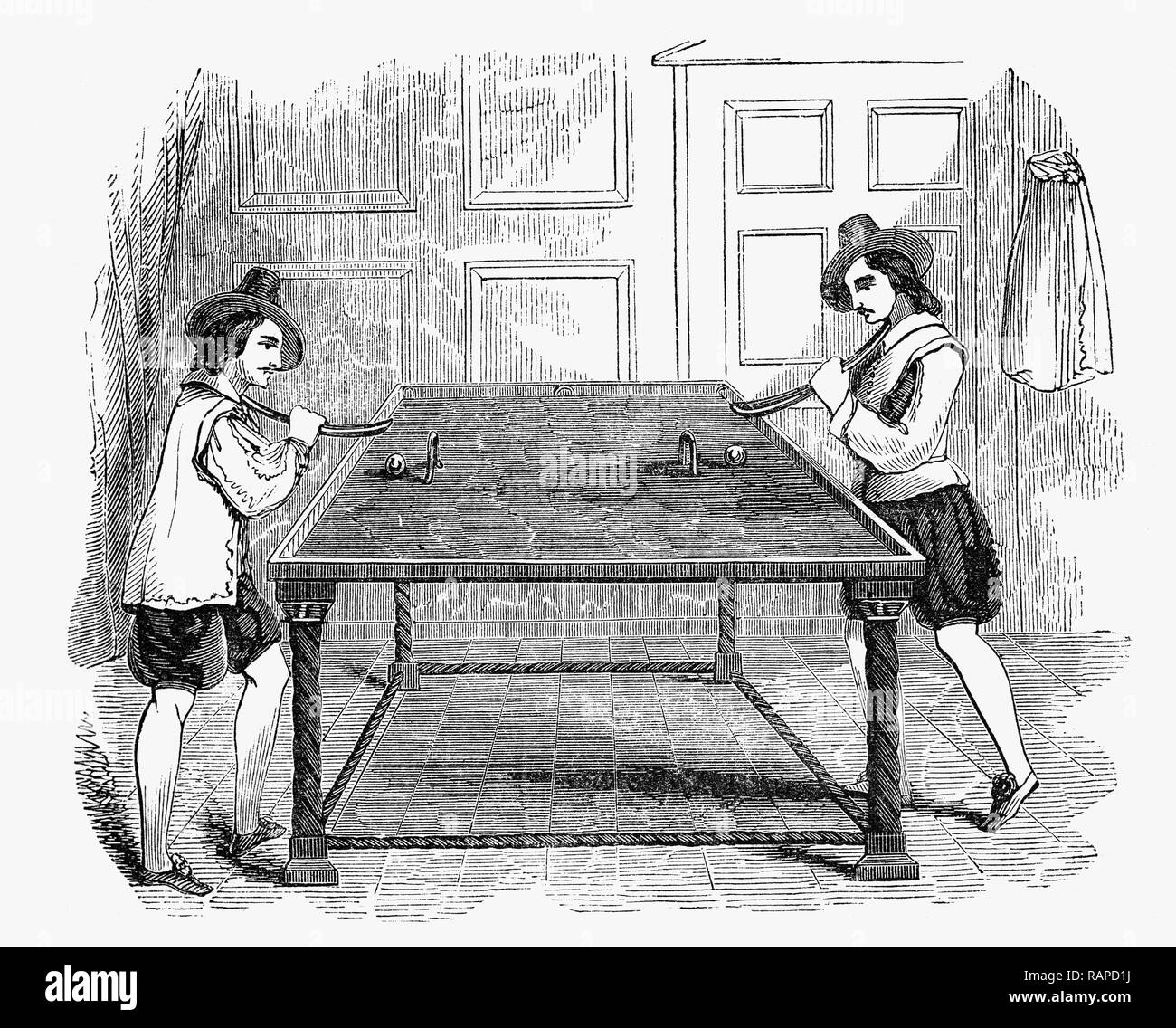 During the 17th Century  billiards became very popular, both among ordinary citizens in public places and among the nobility who tended to own their own private tables. King James I (1603-1625) owned a billiard table.  At that time, only two balls used, one belonging to each of two players. Rather than cues, players used a 'mace', essentially a crooked stick with a sizeable head. Stock Photo