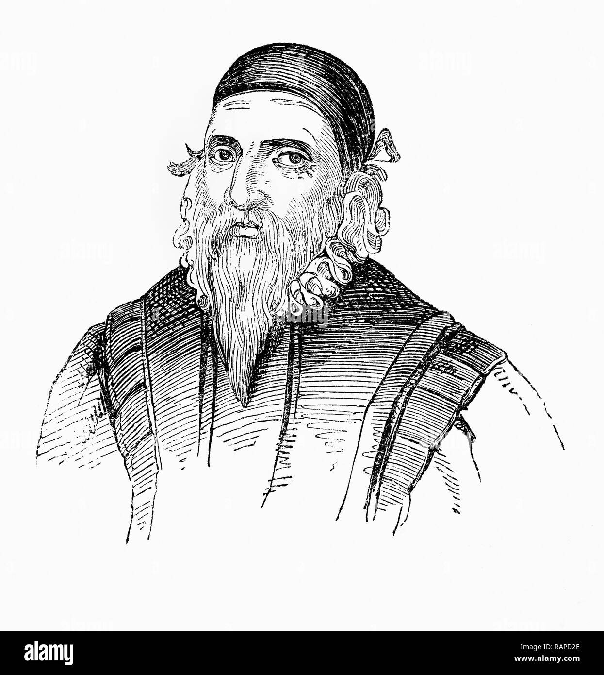 John Dee (1527 – 1608/9) was an English mathematician, astronomer, astrologer, occult philosopher, and advisor to Queen Elizabeth I. He devoted much of his life to the study of alchemy, divination, and Hermetic philosophy, activities that would seem to straddle the worlds of magic and modern science. An ardent promoter of mathematics, he was also a leading expert in navigation, training many of those who would conduct England's voyages of discovery. He is credited with coining the term 'British Empire'. Stock Photo