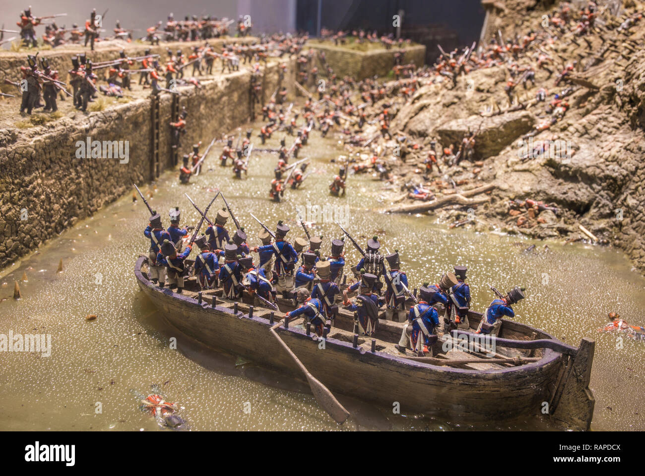 Badajoz, Spain - Dec 19th, 2018: Trinidad bastion breach assault. Storming of Badajoz, April 1812. Flooded ditch action. Scene recreated by diorama di Stock Photo