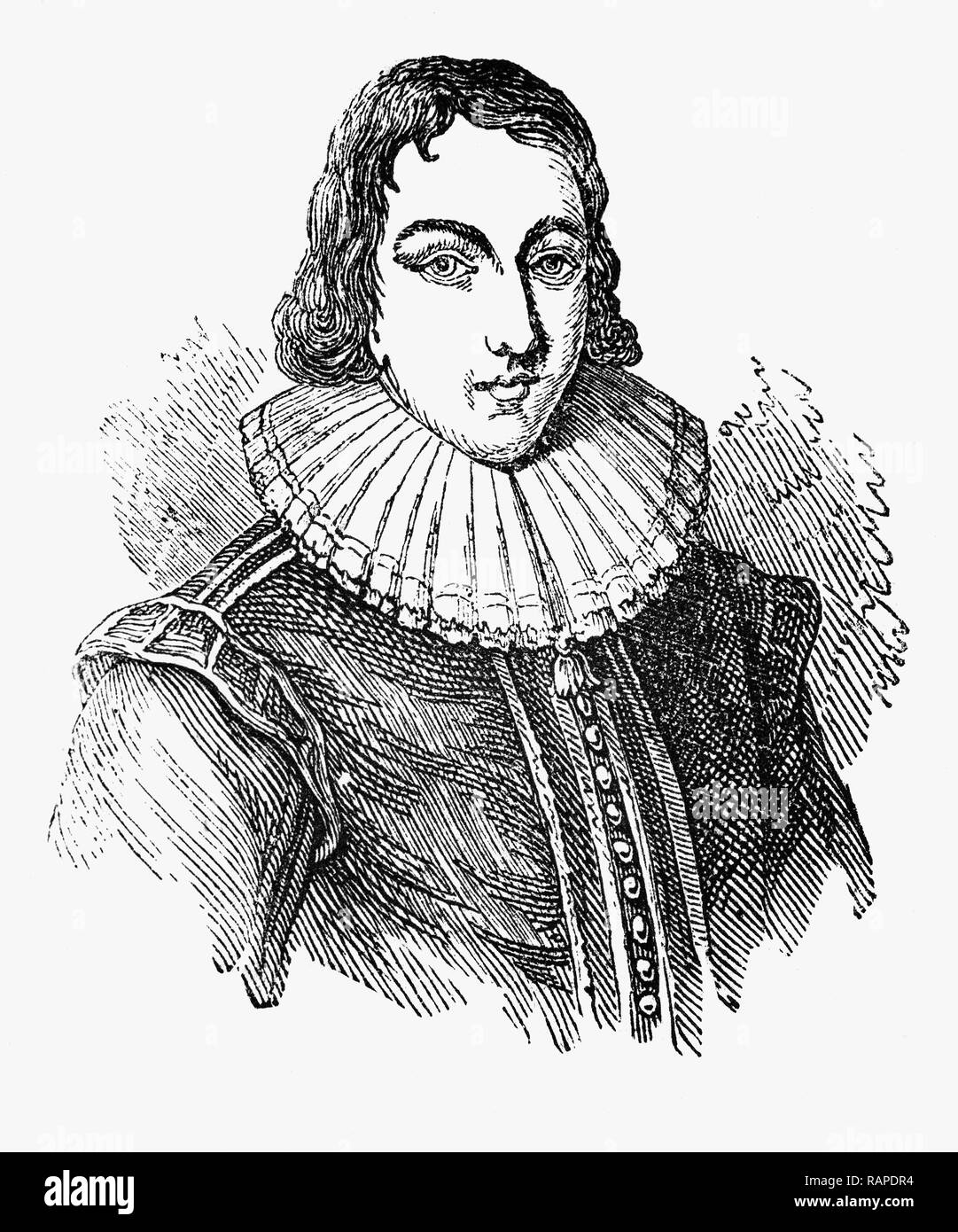 John Milton (1608-1674), aged 19, became an English poet, polemicist, man of letters, and civil servant for the Commonwealth of England under its Council of State and later under Oliver Cromwell. He wrote at a time of religious flux and political upheaval, and is best known for his epic poem Paradise Lost (1667), written in blank verse. Stock Photo