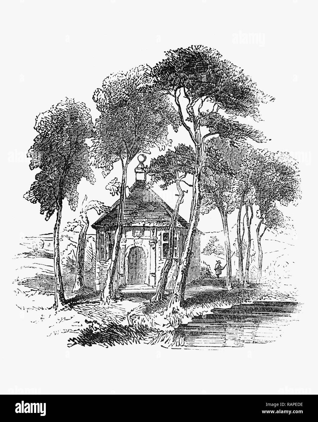 Cotton's Fishing House on the banks of the River Dove. The structure was built by the poet Charles Cotton at Beresford Hall, near the Derbyshire Peak District. His father, Charles Cotton the Elder, was a friend of Ben Jonson, John Selden and Izaak Walton. His friendship with Izaak Walton began about 1655,  and Cotton contributed a section 'Instructions how to angle for a trout or grayling in a clear stream', to Walton's The Compleat Angler; the additions consisted of twelve chapters on fishing in clear water, which he understood largely but not exclusively to be fly fishing. Stock Photo