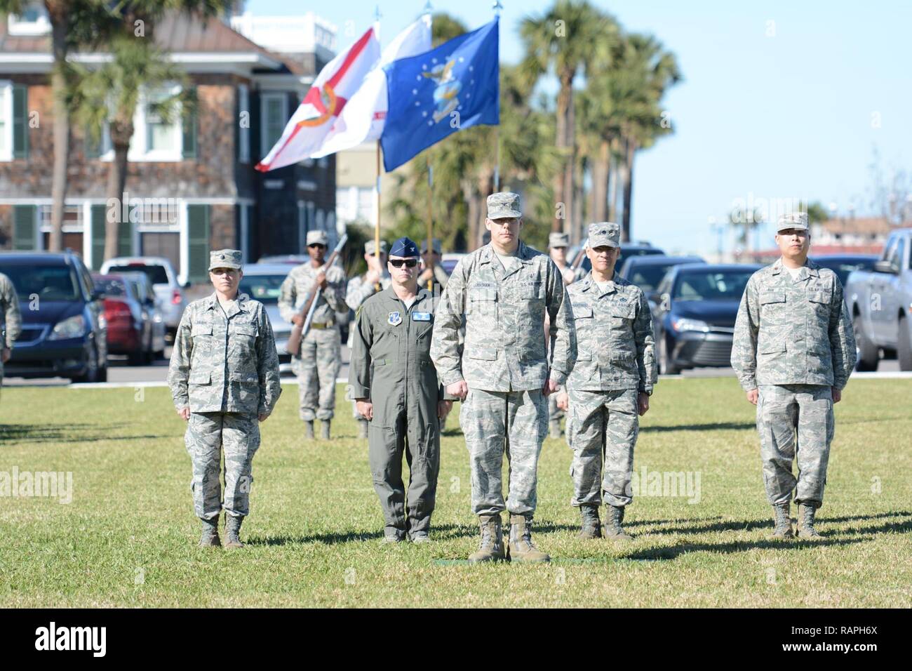 U.S. Air Force Col. Patrick Lanaghan, Director of Staff-Air, awaits the initiation of the Change of Command for the Assistant Adjutant General-Air, Florida Air National Guard, in Saint Augustine, Fla., on Feb., 11, 2017. This day marked the promotion of Brig. Gen. James Eifert to Maj. Gen. and the assumption of command by Brig. Gen. Brian Simpler from Eifert. Stock Photo