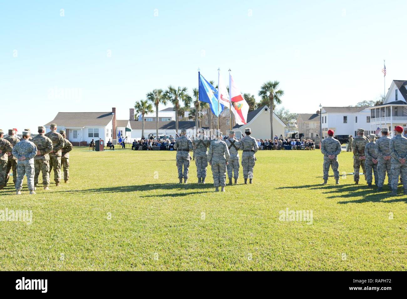 Air/Army Guard, other U.S. Forces, and family/friends await the initiation of the Change of Command for the Assistant Adjutant General-Air, Florida Air National Guard, in Saint Augustine, Fla., on Feb., 11, 2017. This day marked the promotion of Brig. Gen. James Eifert to Maj. Gen. and the assumption of command by Brig. Gen. Brian Simpler from Eifert. Stock Photo