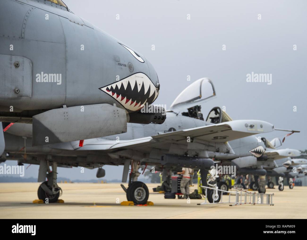 A-10 Thunderbolt IIs with the 74th Fighter Squadron from Moody Air Force  Base, Ga., line the runway to receive fuel and maintenance Feb. 8, 2017  during Combat Hammer. The 86th Fighter Weapons