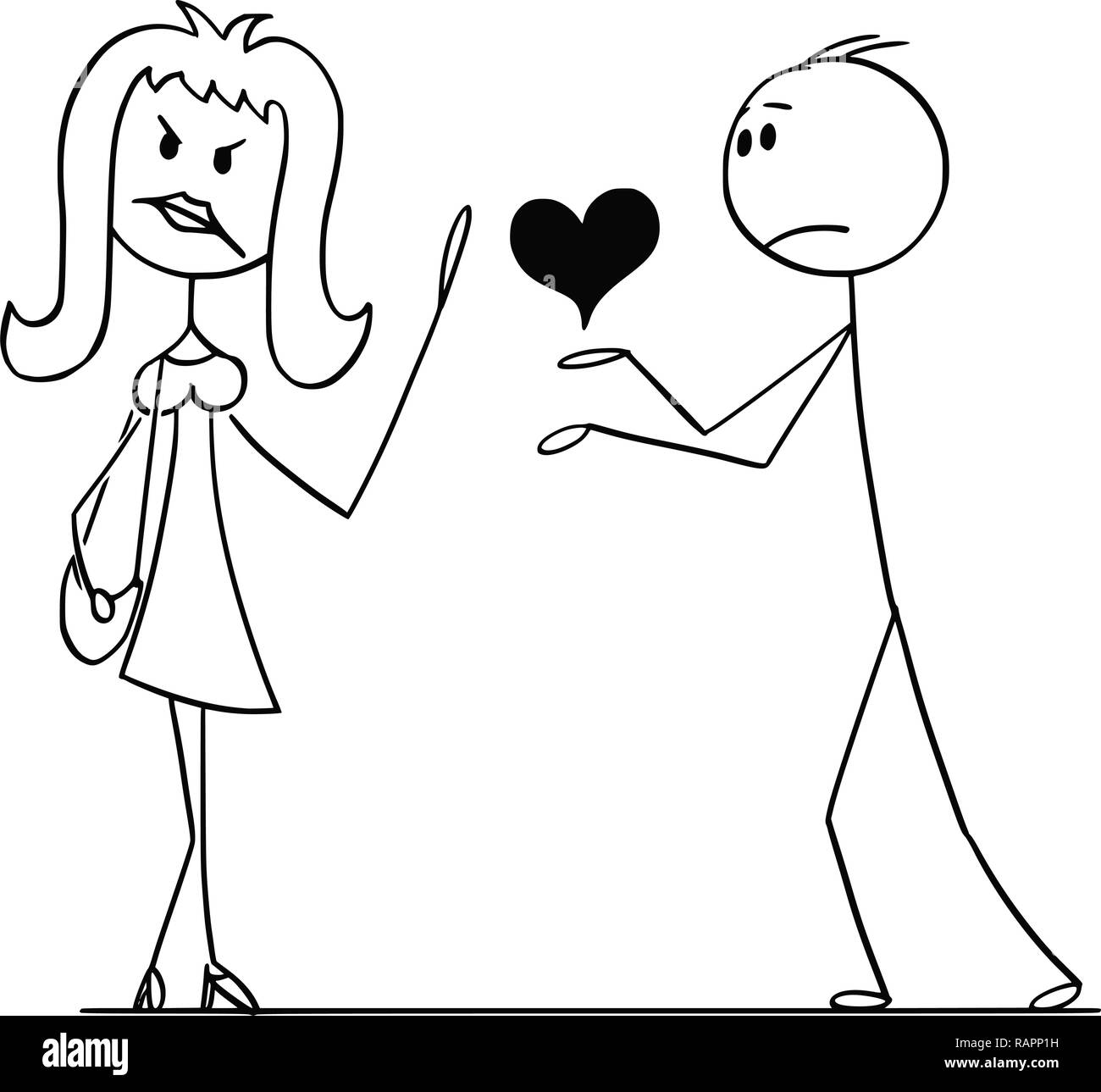 Cartoon of Woman Rejecting Heart and Love From Man Stock Vector