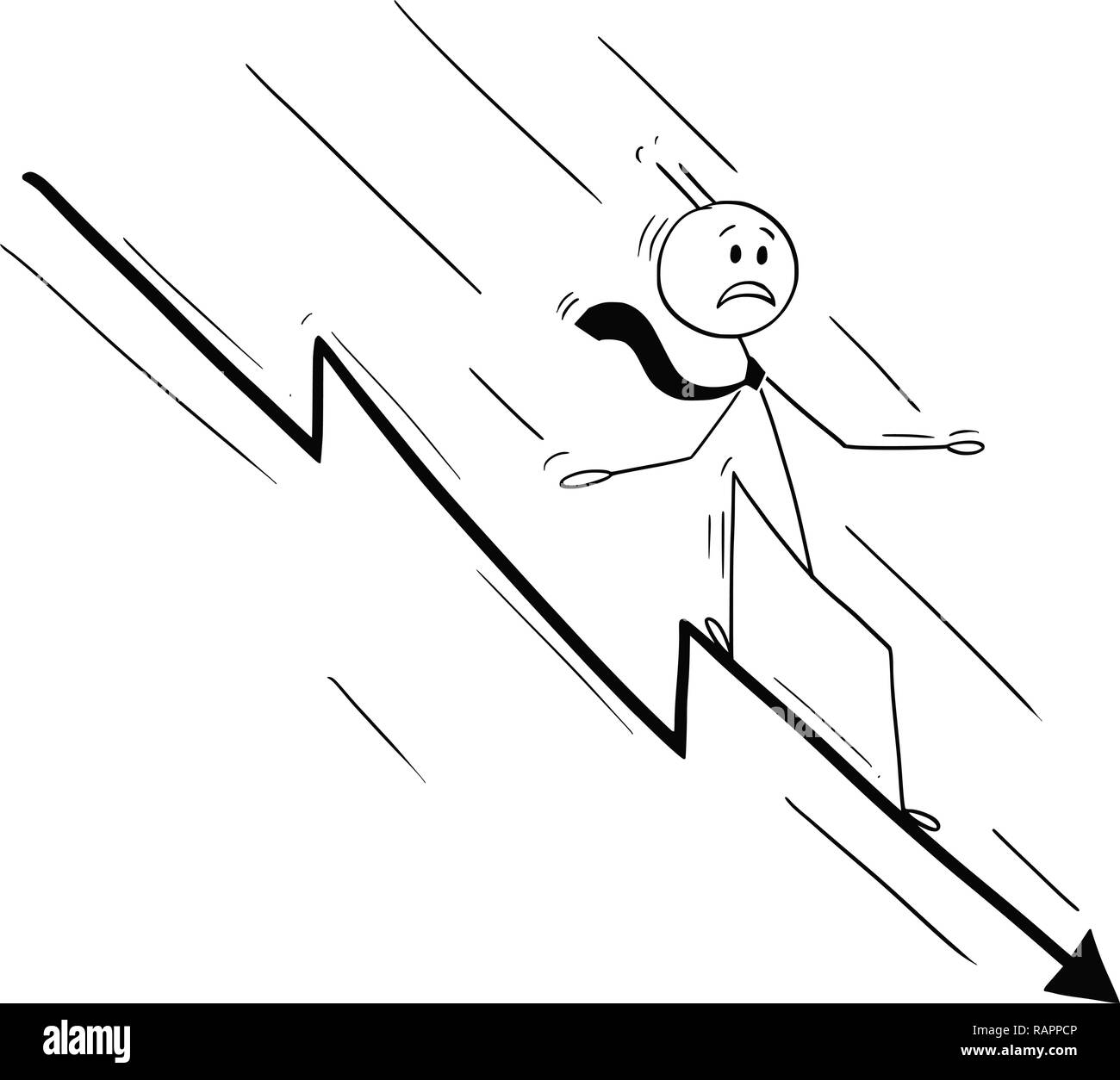 Cartoon of Businessman Riding on Falling or Declining Chart Arrow Stock Vector
